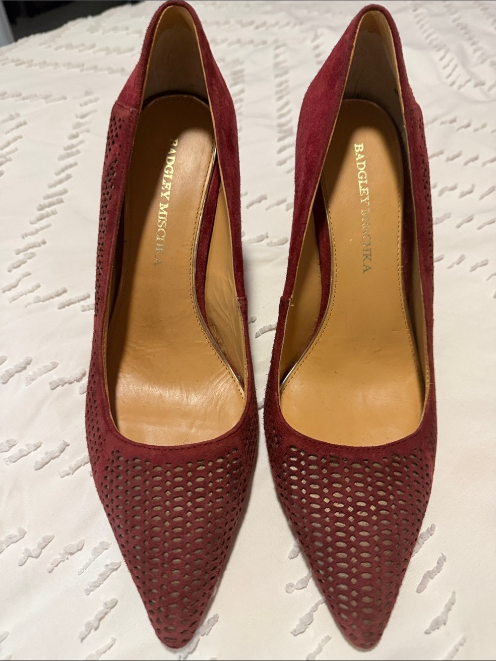 Badgley Mischka Wine Red Perforated Suede Pointed-Toe Pumps